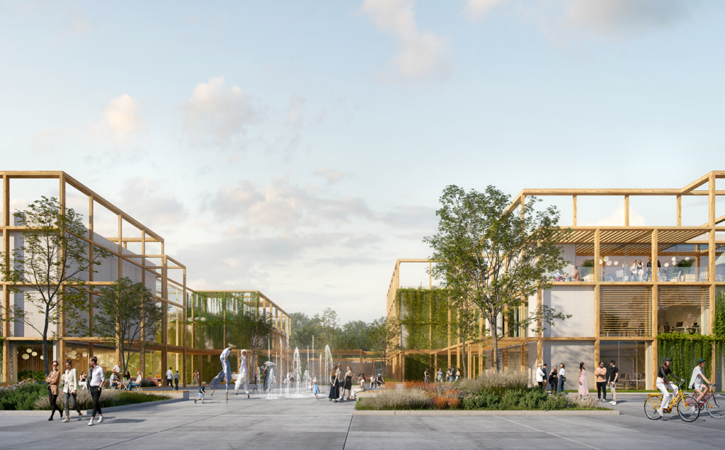 Zdjęcie w tle, przedstawiające wizualizację projektu przestrzeni wypoczynkowo-usługowej.